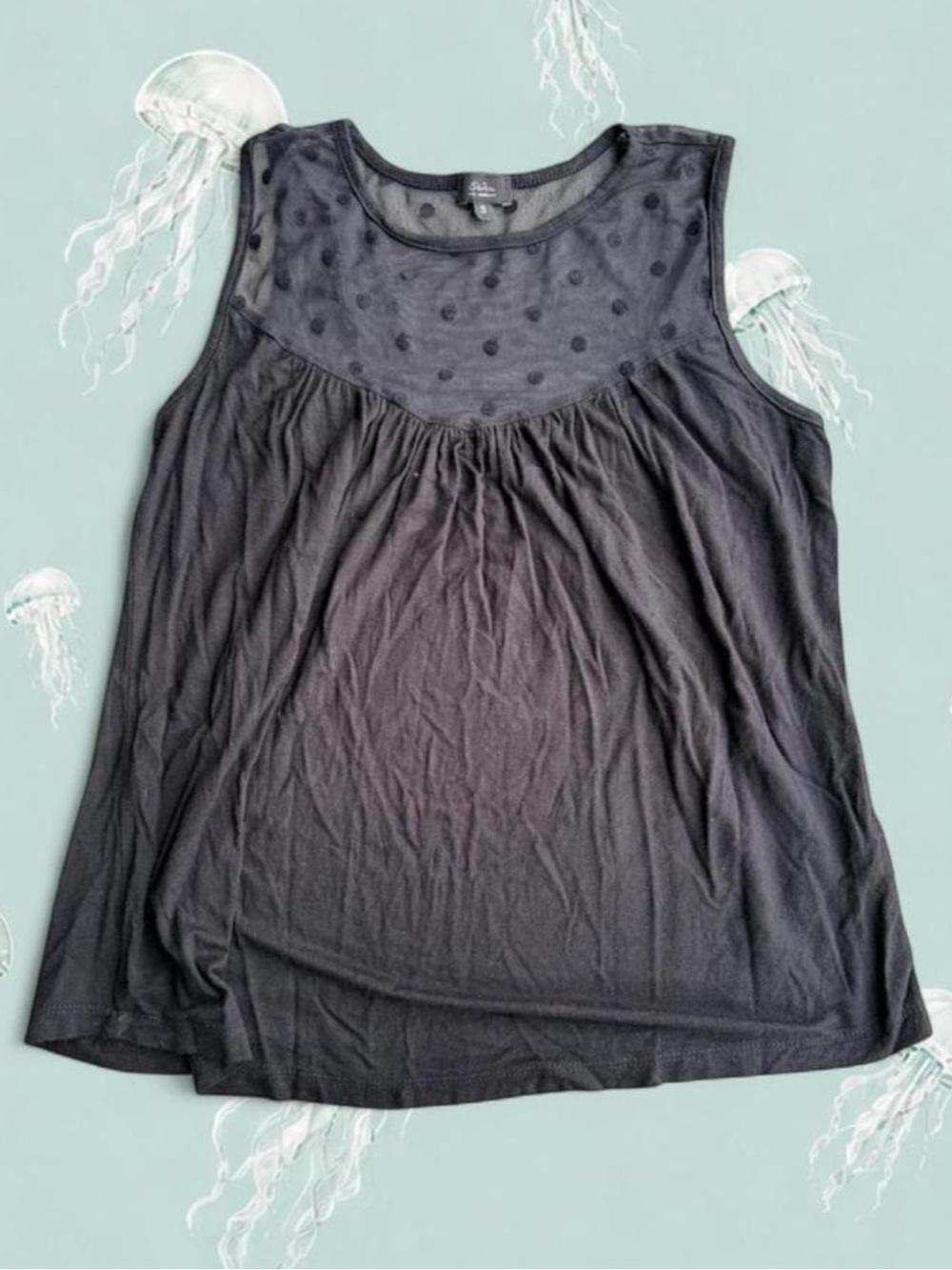 Storm Black Sleeveless Top with Sheer Polka Dot Yoke